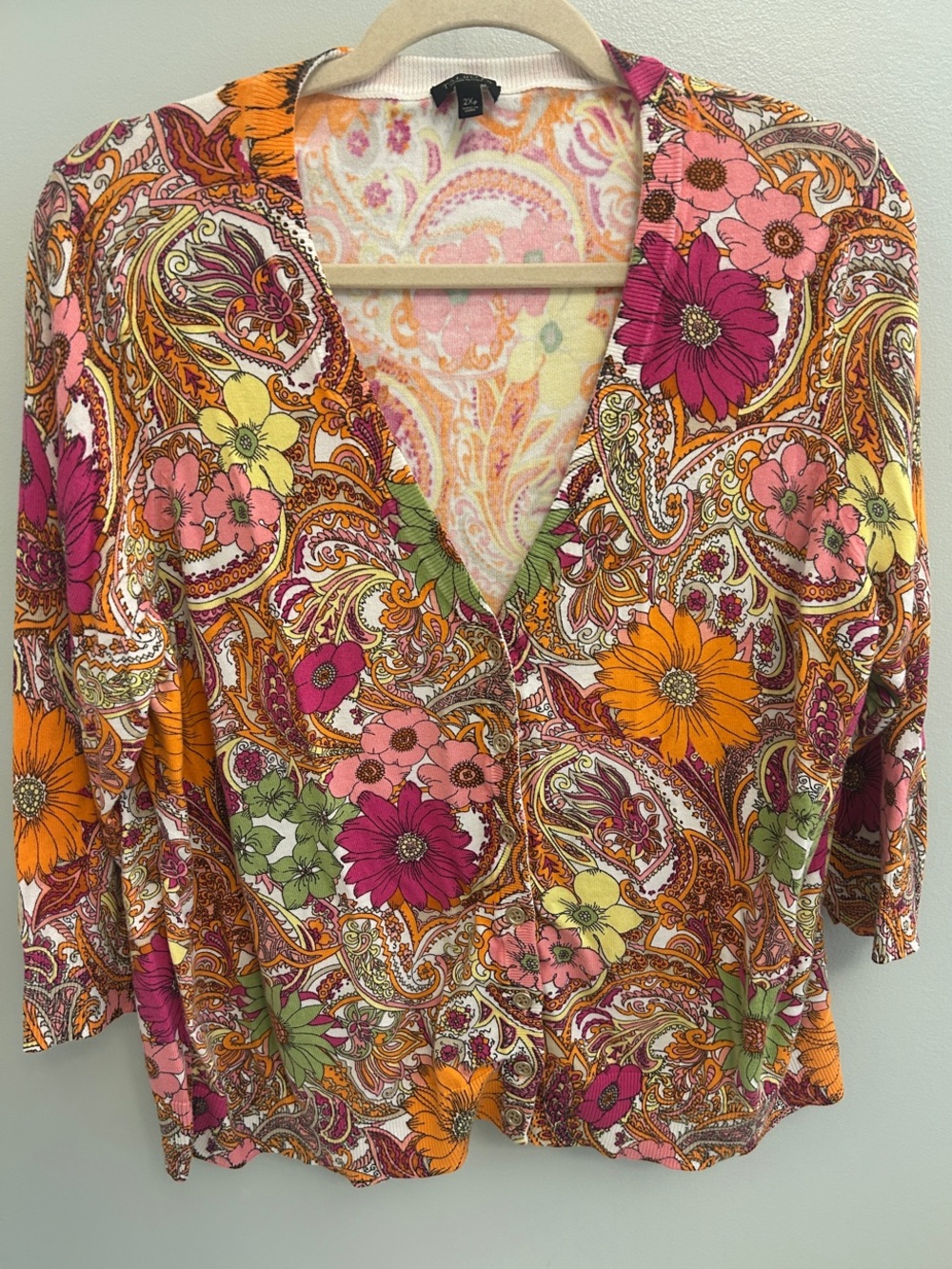 Talbots Floral Paisley V-Neck Cardigan - Orange Pink Green Yellow